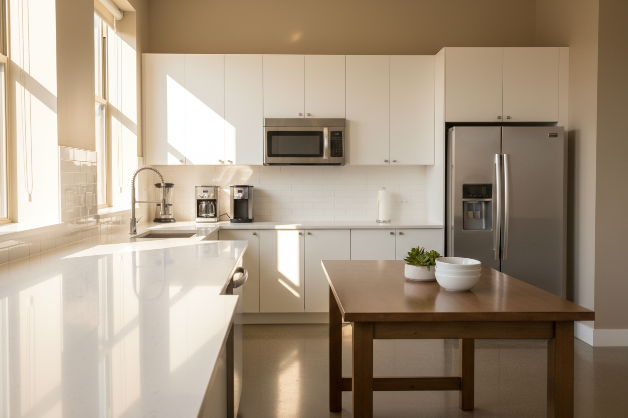 Spotlessly clean office break room with sparkling countertops and appliances