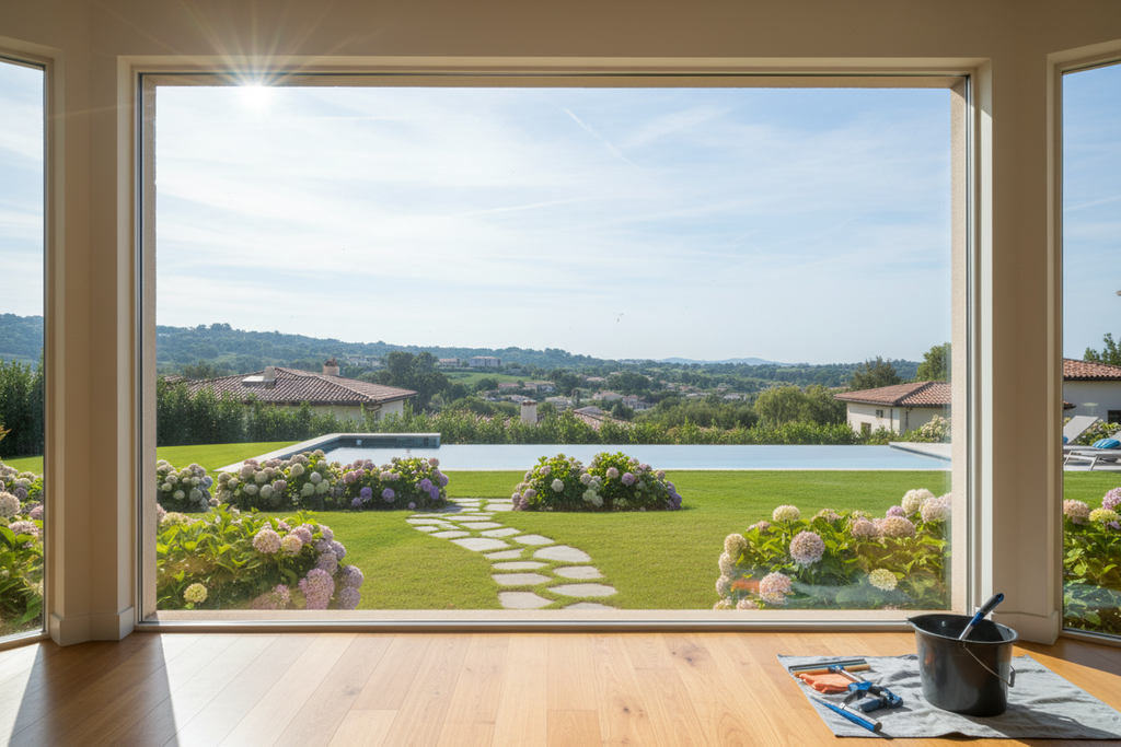 Crystal clear residential windows with spotless streak-free glass and sunlight streaming through
