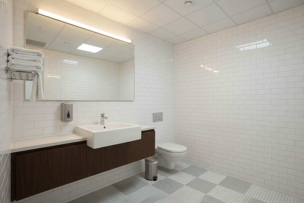 Pristine office restroom with gleaming tiles, spotless sink and mirror